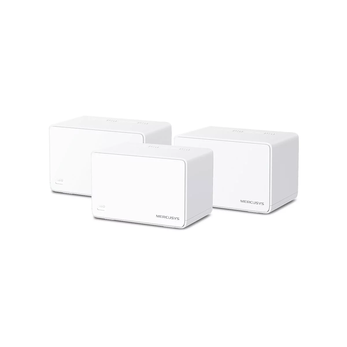 Drei weiße Mercusys Halo WLAN-Mesh-Router in rechteckigem Design vor weißem Hintergrund.