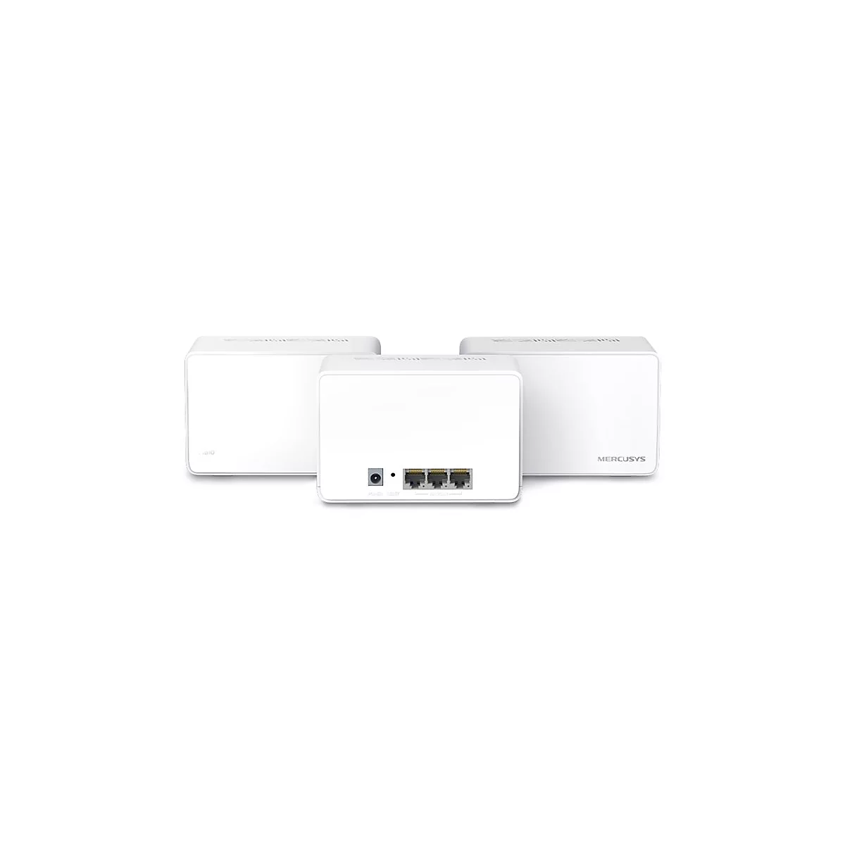 Drei weiße Mercusys WLAN-Mesh-Einheiten vor neutralem Hintergrund, eine zeigt die Anschlüsse.