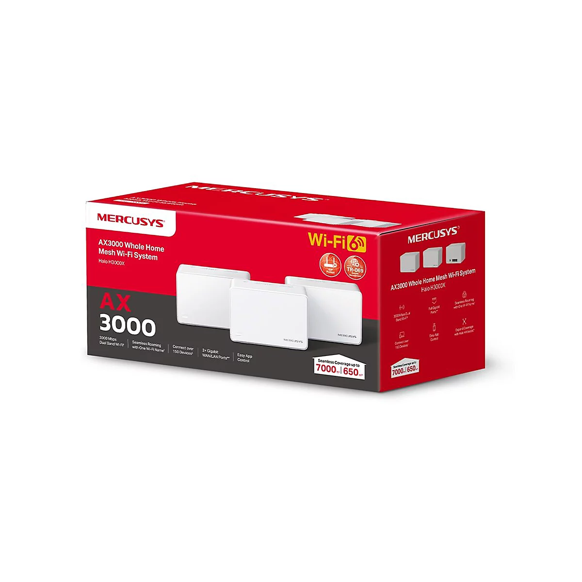 Produktverpackung für das Mercusys AX3000 Mesh Wi-Fi System, rot-weiß mit Abbildung von drei weißen Routern.