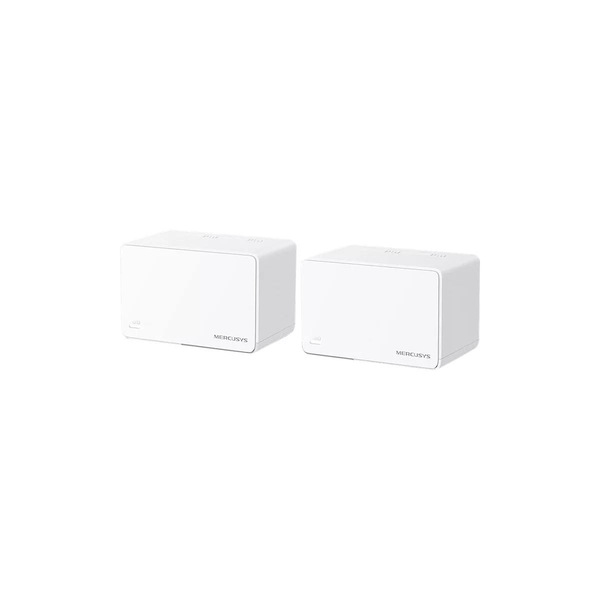 Zwei weiße, rechteckige Mercusys Halo Mesh-WLAN-Router vor neutralem Hintergrund.