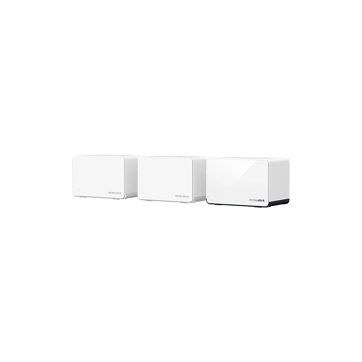 Drei weiße Mercusys Halo Mesh-WLAN-Router in einer Reihe vor weißem Hintergrund.