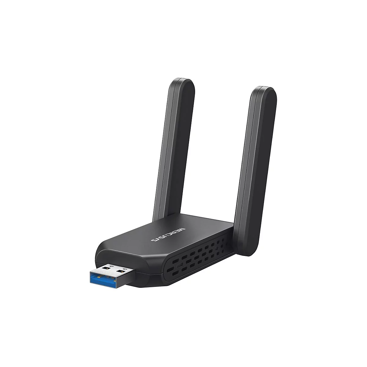 Schwarzer Mercusys WLAN-USB-Adapter mit zwei ausklappbaren Antennen und blauem USB-Anschluss vor weißem Hintergrund.