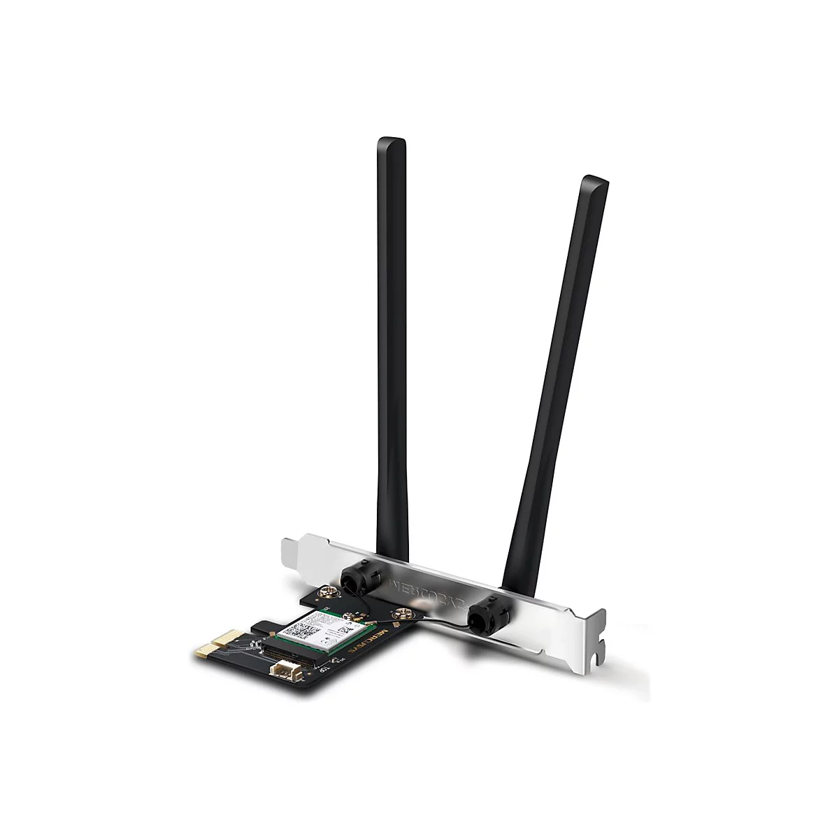 PCIe WLAN-Netzwerkkarte mit zwei schwarzen Antennen und silbernem Slot-Blech auf weißem Hintergrund.