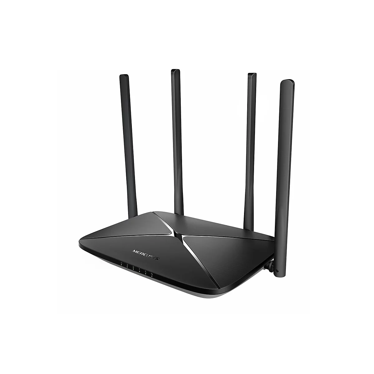 Schwarzer Mercusys WLAN-Router mit vier externen Antennen vor weißem Hintergrund.