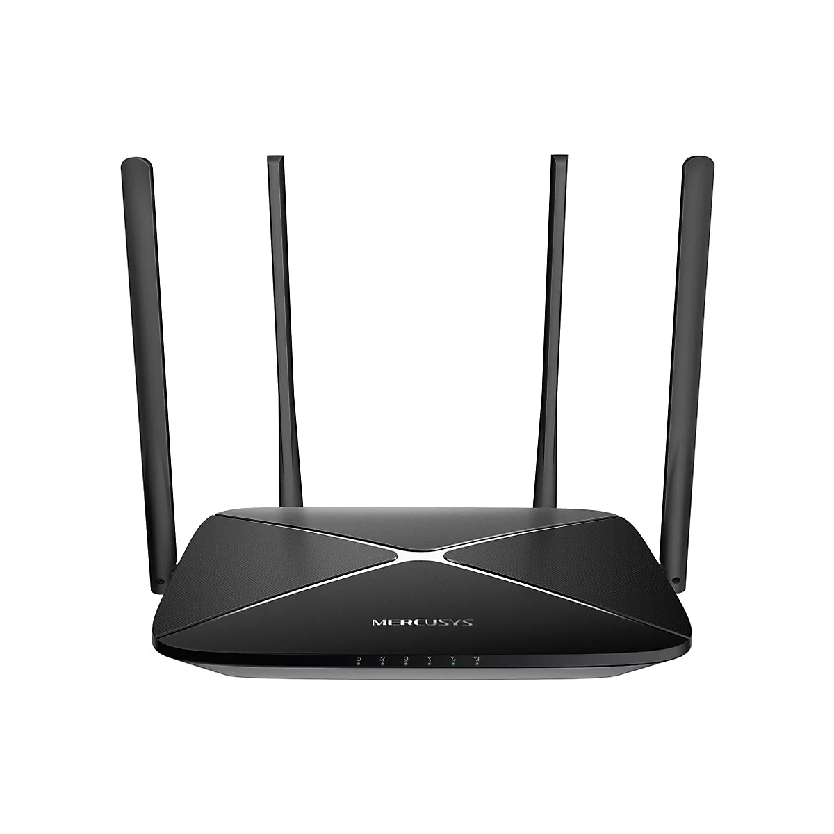 Schwarzer Mercusys WLAN-Router mit vier externen Antennen vor weißem Hintergrund.