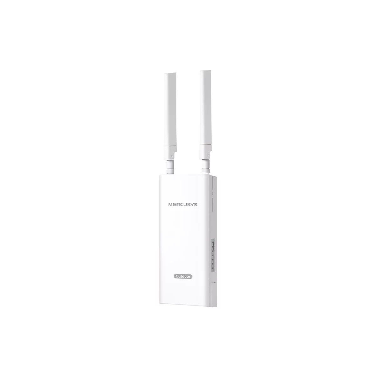 Weißer Mercusys Outdoor-Access-Point mit zwei vertikalen Antennen vor neutralem Hintergrund.