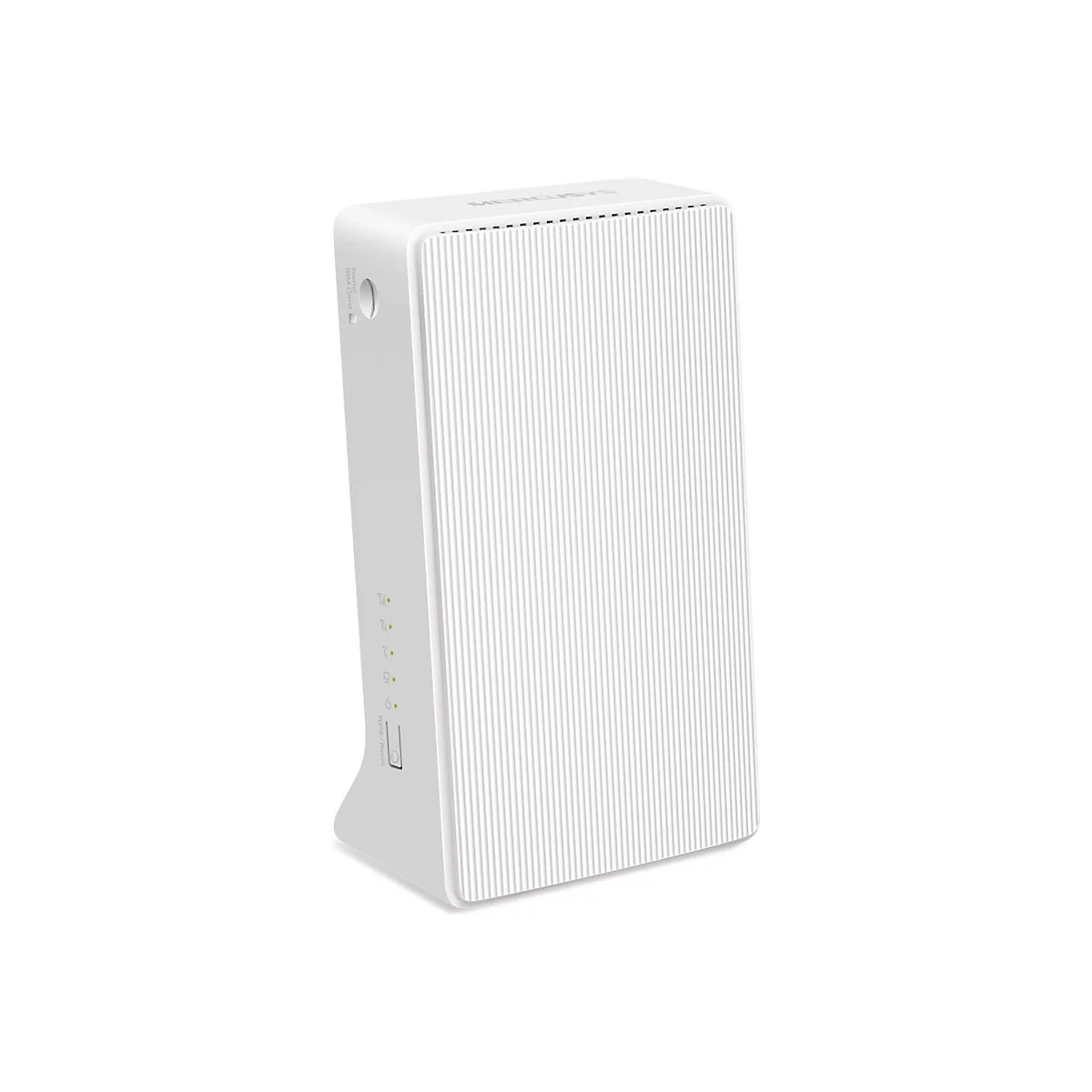 Weißer Mercusys Router mit geriffelter Front und vertikalen LED-Anzeigen auf weißem Hintergrund.