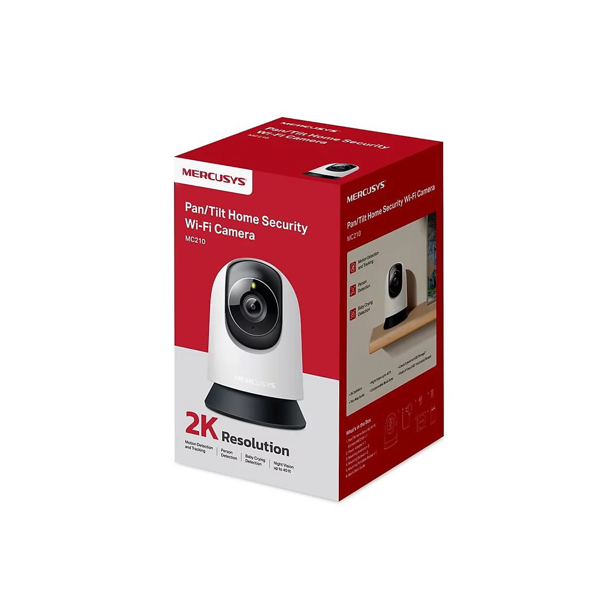 Produktverpackung der weißen Mercusys Pan/Tilt WLAN-Überwachungskamera mit 2K-Auflösung auf rotem Hintergrund.