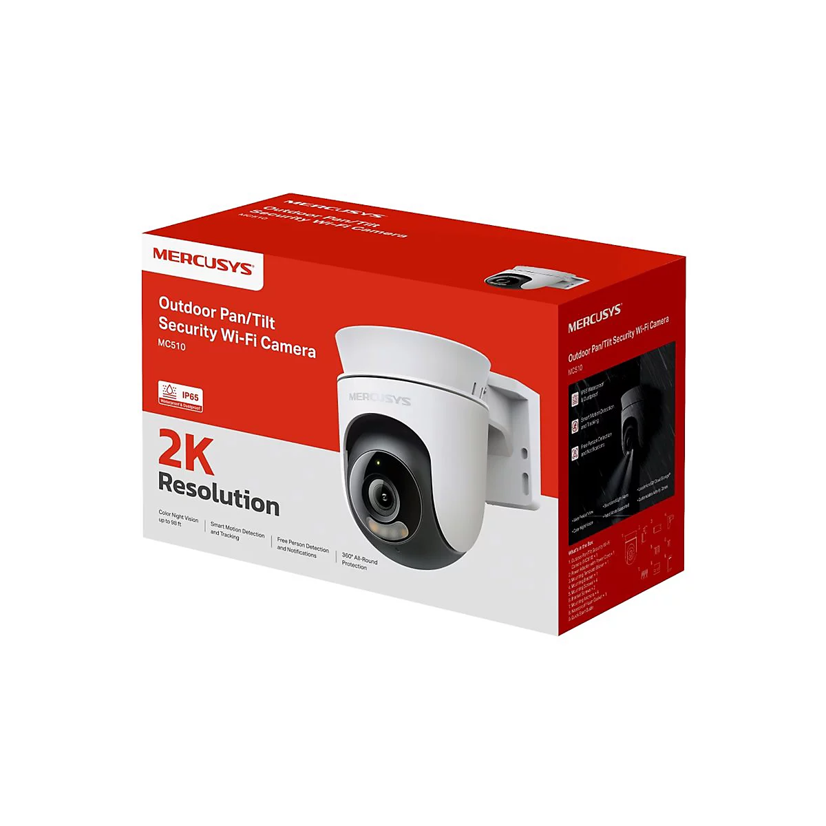Produktverpackung der weißen Mercusys MC510 Outdoor-Sicherheitskamera mit 2K-Auflösung vor weißem Hintergrund.