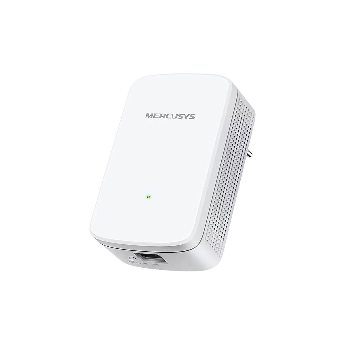 Weißer Mercusys WLAN-Repeater mit leuchtender LED vor weißem Hintergrund.