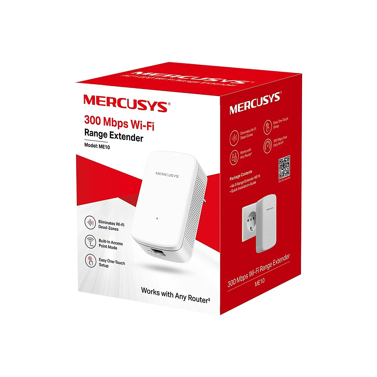 Verpackung des Mercusys ME10 300 Mbps Wi-Fi Range Extender in rot-weißem Design.