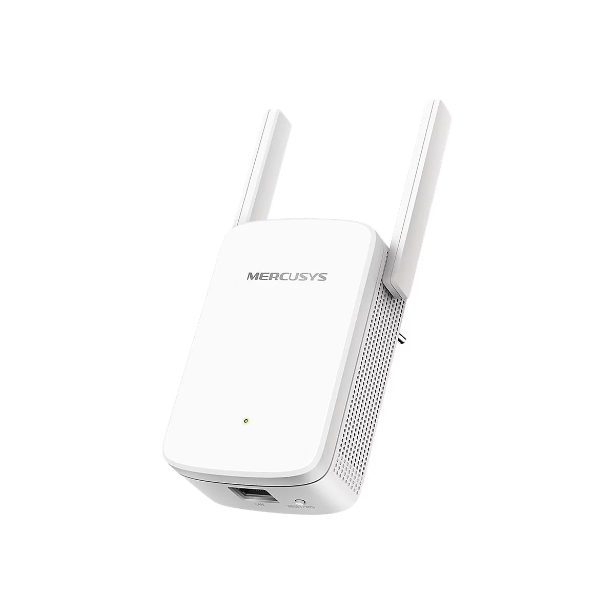 Weißer Mercusys WLAN-Repeater mit zwei ausklappbaren Antennen und einer kleinen grünen Statusleuchte.