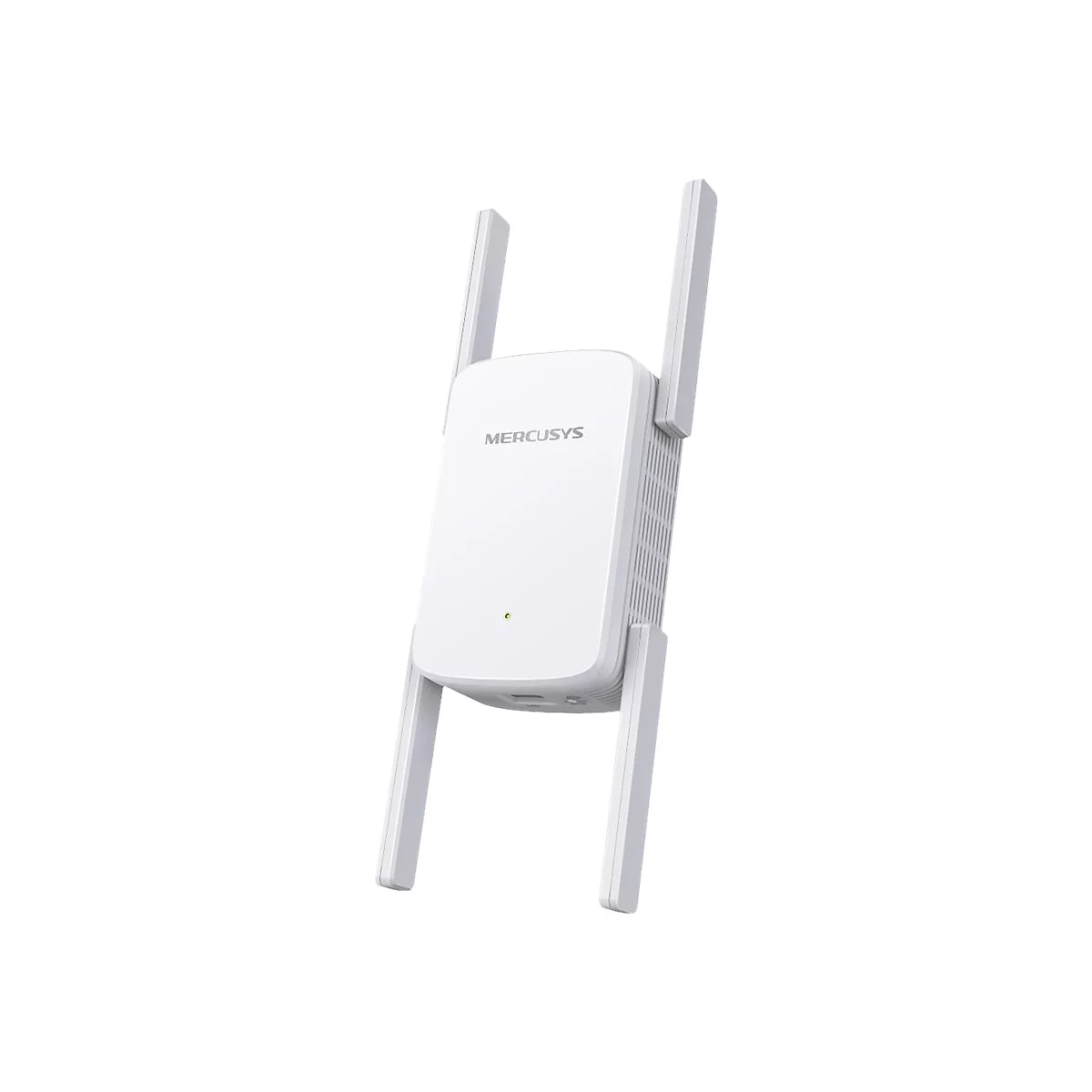 Weißer Mercusys WLAN-Verstärker mit vier ausklappbaren Antennen und leuchtender Status-LED vor weißem Hintergrund.