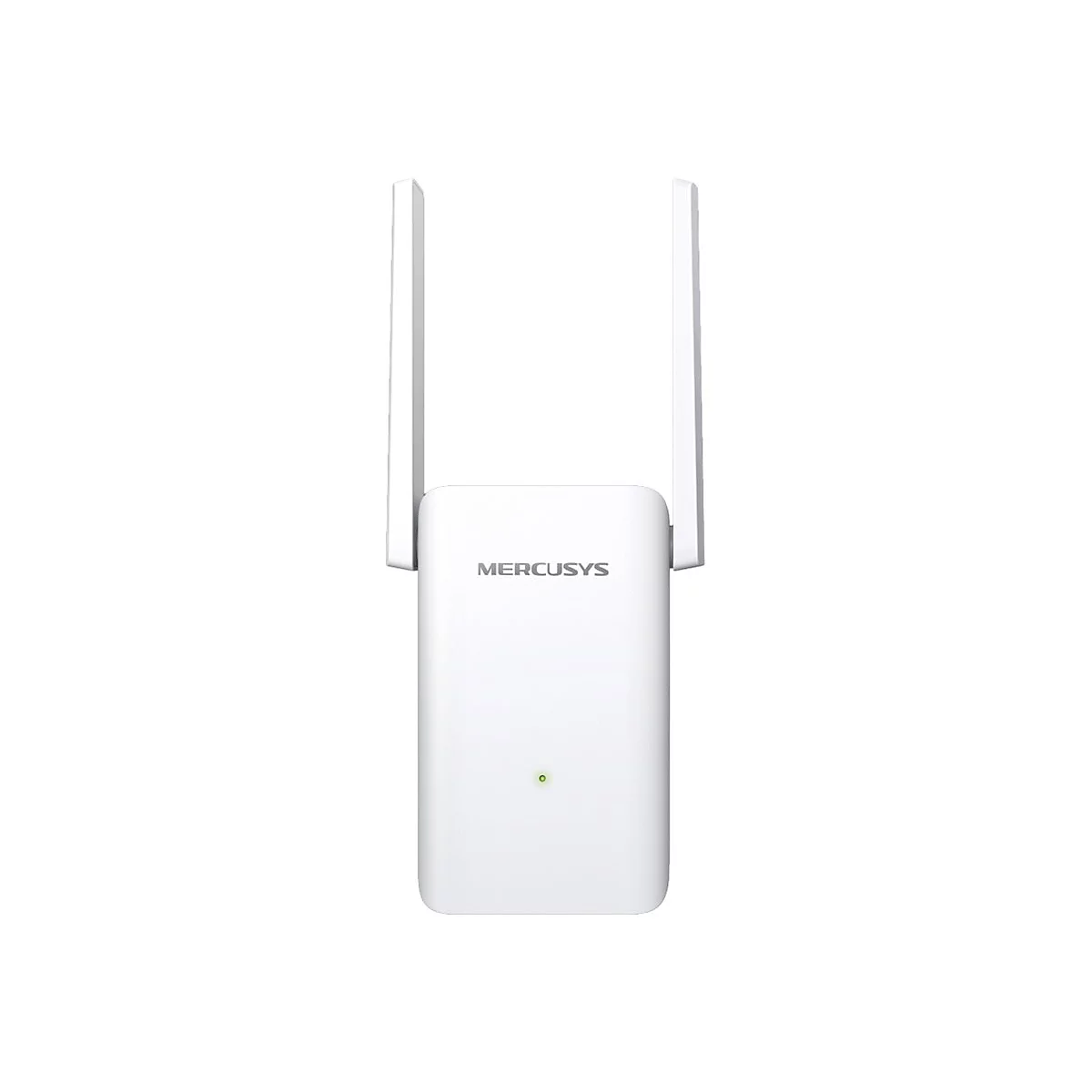 Weißer Mercusys WLAN-Repeater mit zwei Antennen, grünem LED-Licht. Das Logo ist deutlich zu erkennen.