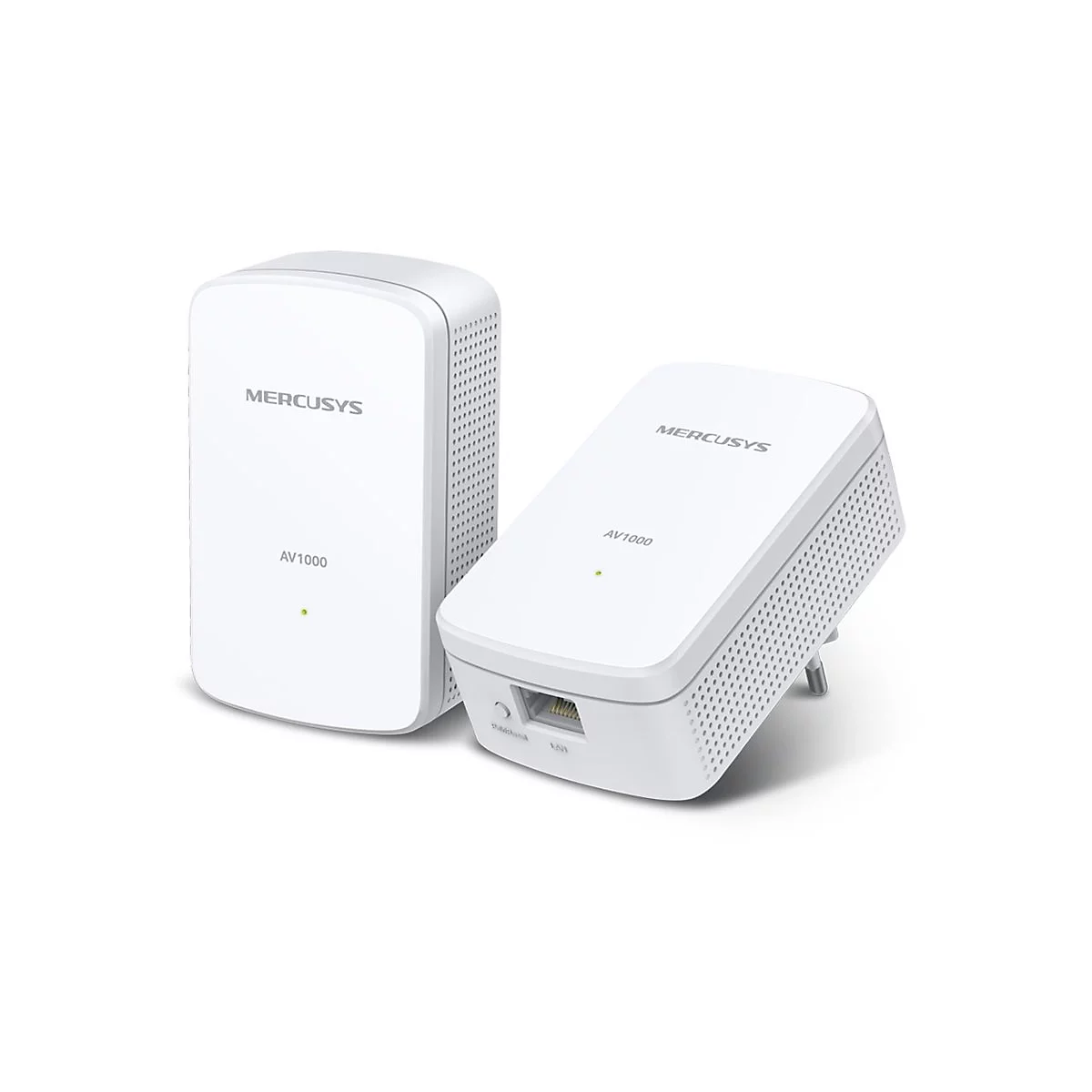 Zwei weiße Mercusys AV1000 Powerline-Adapter vor weißem Hintergrund.