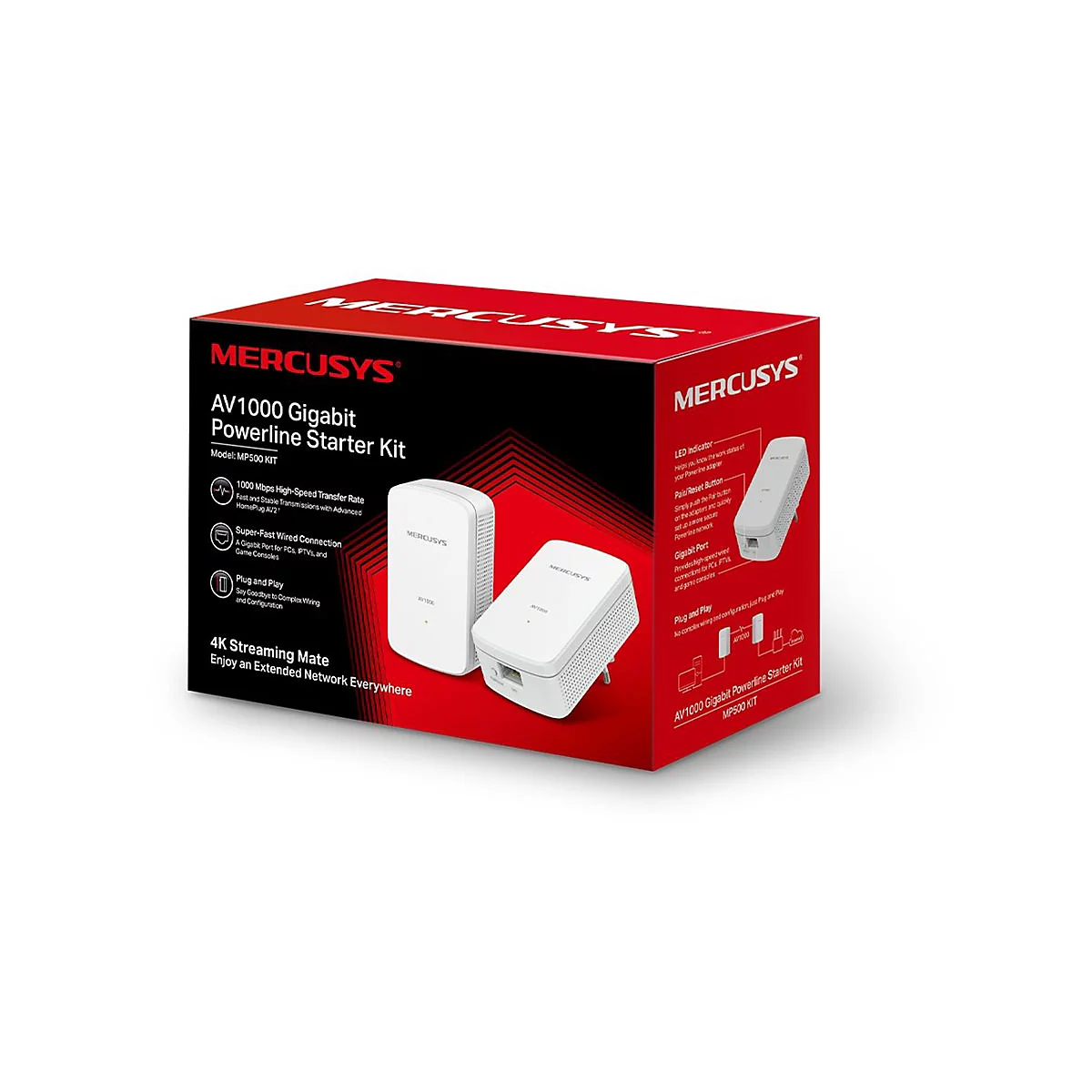Produktverpackung für das Mercusys AV1000 Gigabit Powerline Starter Kit auf weißem Hintergrund.