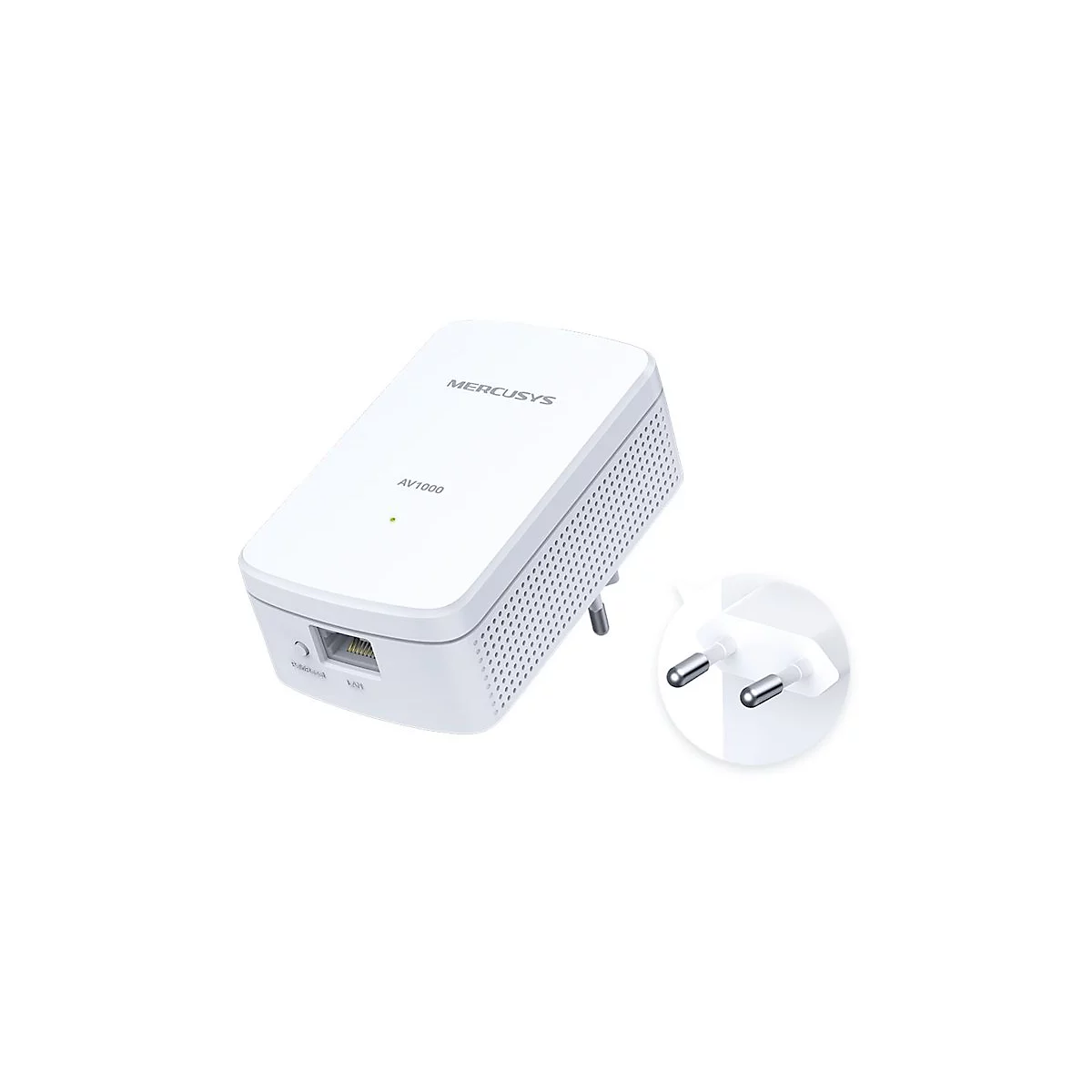 Weißer Mercusys AV1000 Powerline-Adapter mit LAN-Anschluss und europäischem Netzstecker.