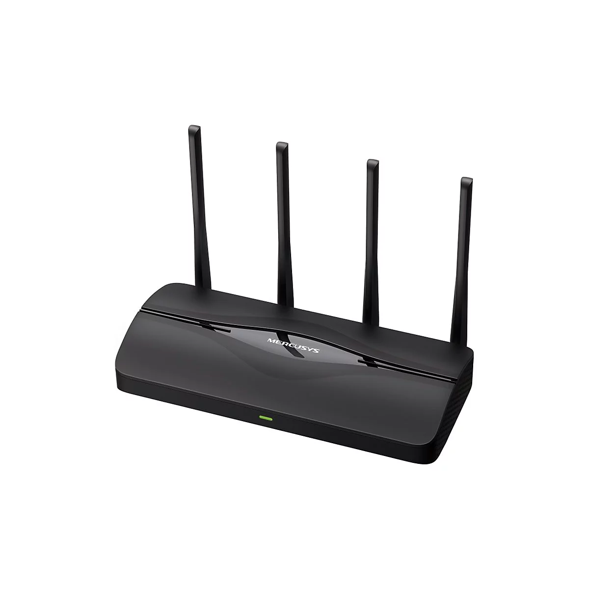 Schwarzer Mercusys WLAN-Router mit vier Antennen vor weißem Hintergrund.