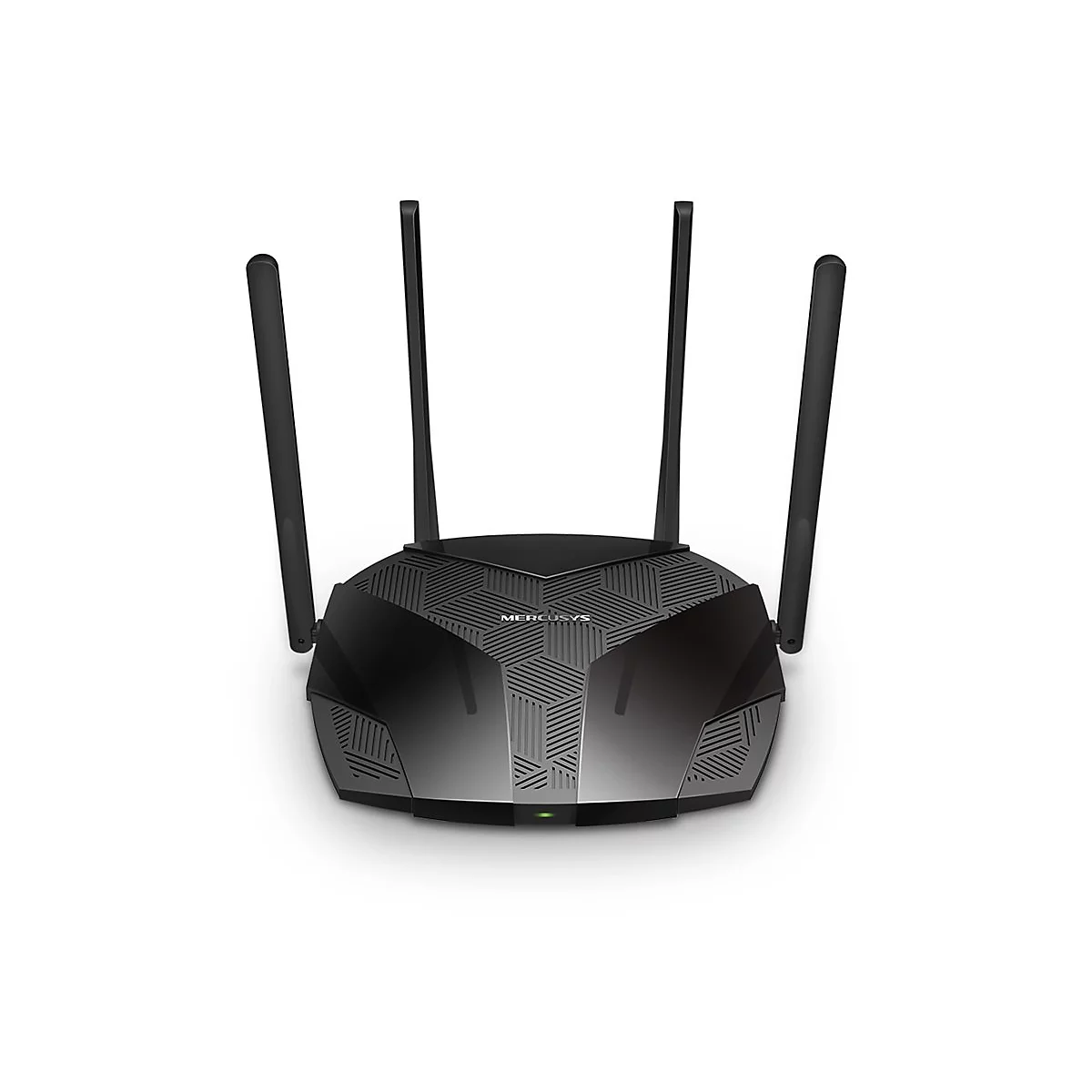 Routeur wifi noir avec quatre antennes. La marque est "MERCUSYS".