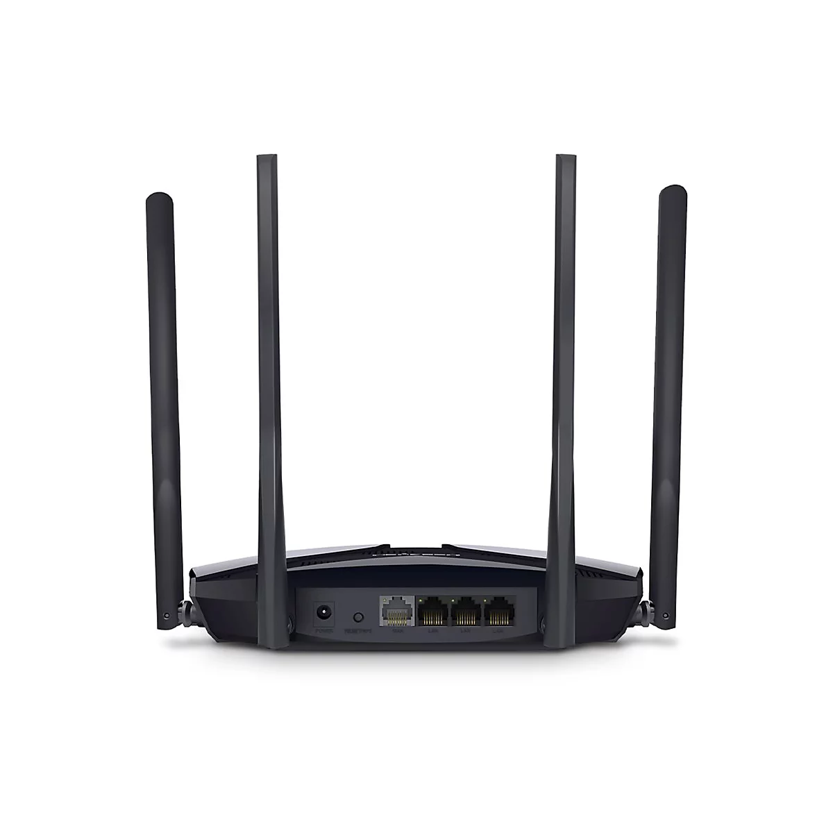 Routeur noir avec quatre antennes. Des connecteurs et des étiquettes sont visibles à l'arrière.
