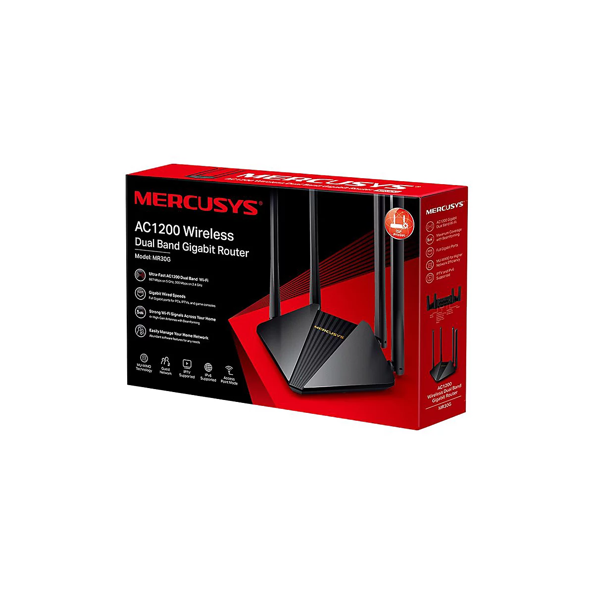 Verpackung des Mercusys AC1200 Wireless Dual Band Gigabit Routers MR30G mit Produktbild und technischen Daten.