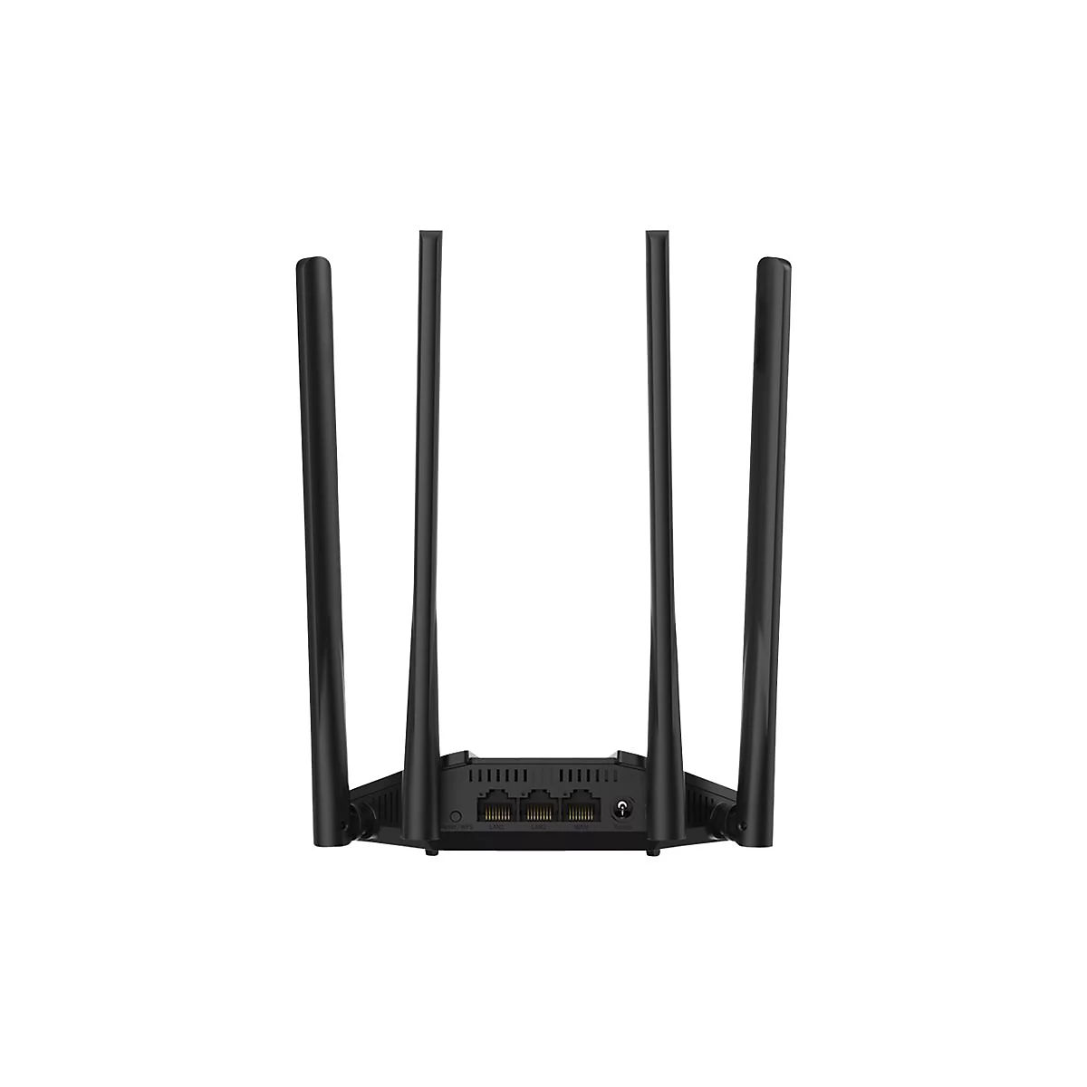 Rückseite eines schwarzen WLAN-Routers mit vier Antennen und drei LAN-WAN-Anschlüssen.