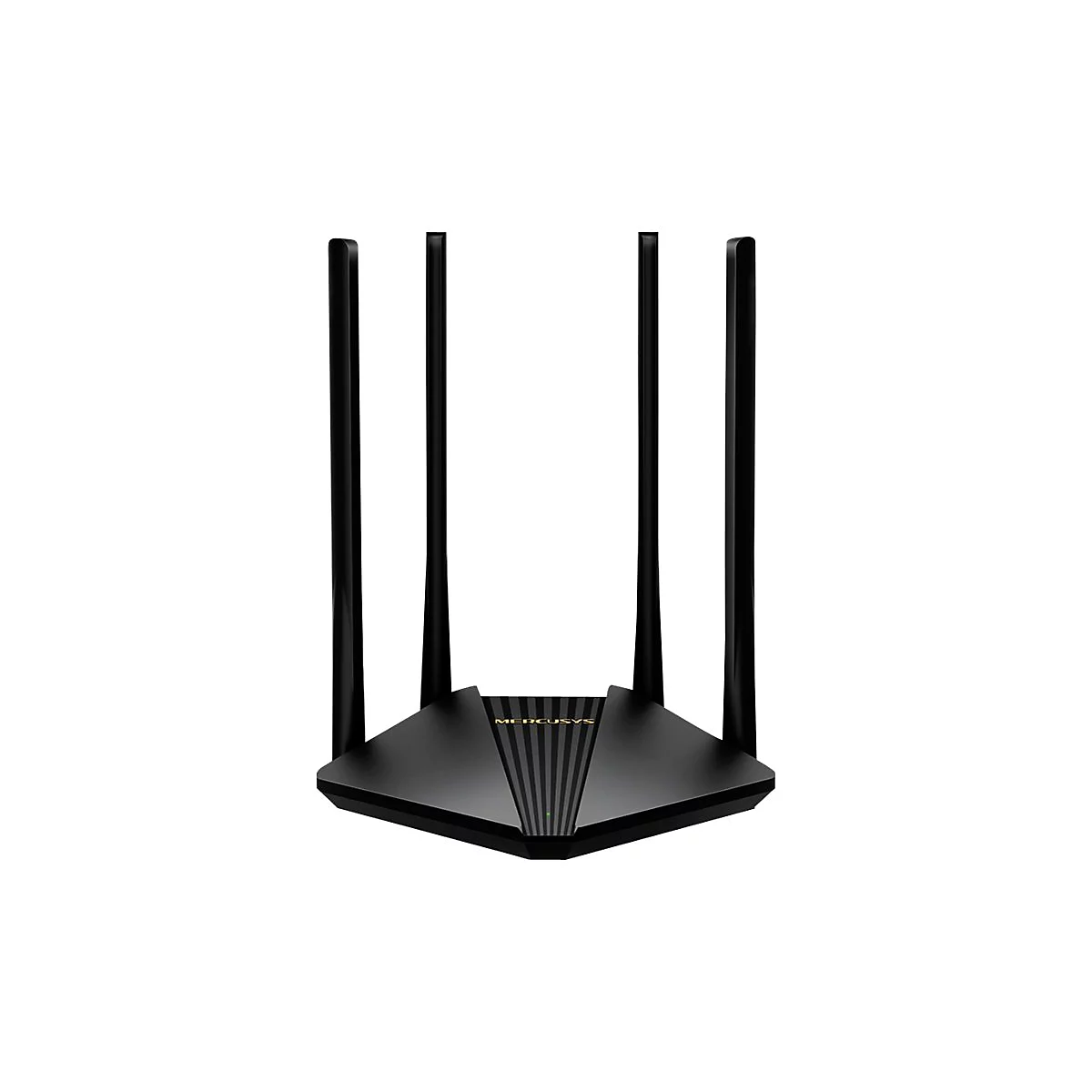 Schwarzer Mercusys WLAN-Router mit vier vertikalen Antennen vor weißem Hintergrund.