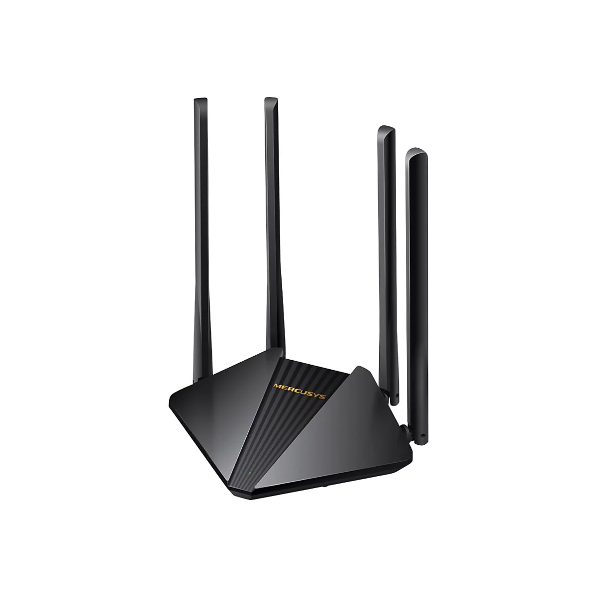 Schwarzer Mercusys WLAN-Router mit vier stehenden Antennen auf weißem Hintergrund.