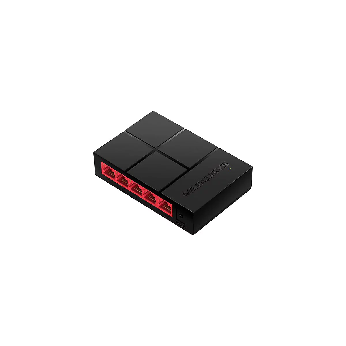 Schwarzer Mercusys Netzwerkswitch mit fünf roten LAN-Ports und einem Power-Anschluss auf weißem Grund.