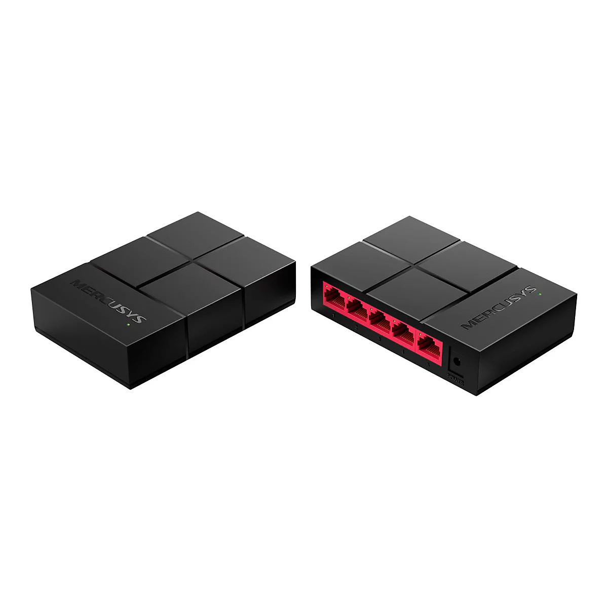 Zwei schwarze Mercusys Netzwerk-Switches. Einer zeigt die Oberseite, der andere die fünf roten LAN-Ports und den Stromanschluss.