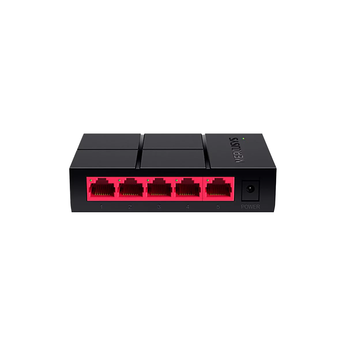 Schwarzer 5-Port-Netzwerk-Switch von Mercusys mit fünf pinken Ethernet-Anschlüssen vor neutralem Hintergrund.