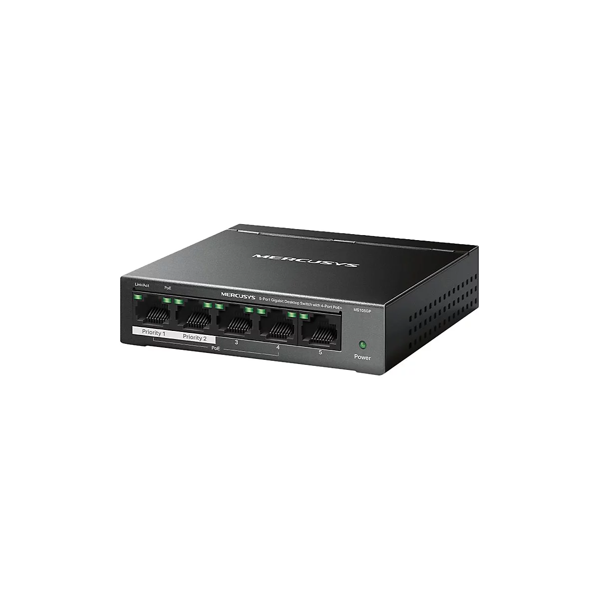 Schwarzer 5-Port Gigabit Desktop-Switch von Mercusys mit PoE+-Unterstützung auf weißem Hintergrund.
