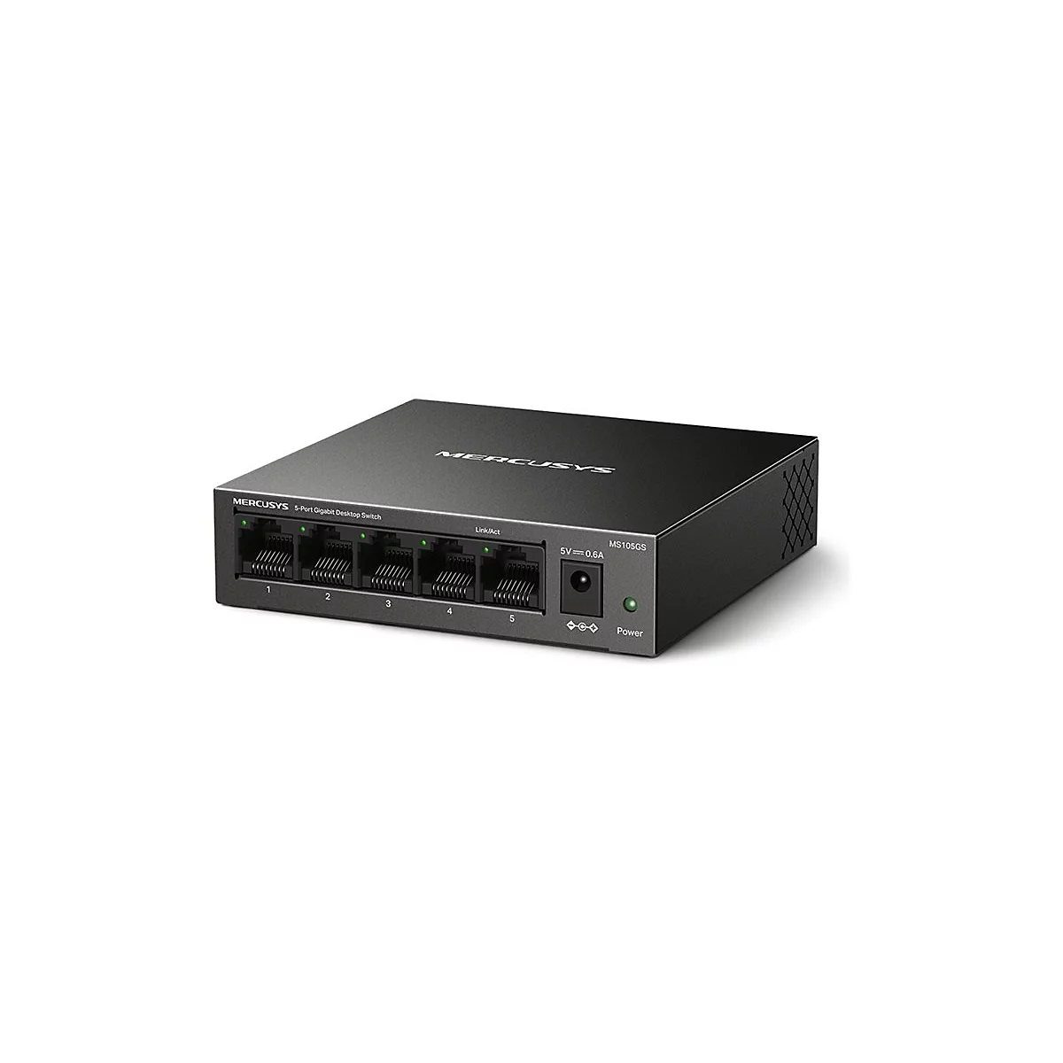 Schwarzer Mercusys 5-Port Gigabit Desktop Switch mit fünf LAN-Anschlüssen und einer grünen Power-LED.