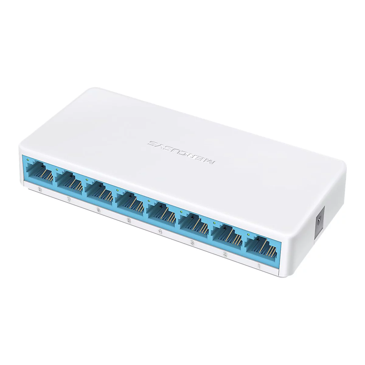Weißer Mercusys 8-Port Netzwerk-Switch mit blauen RJ45-Anschlüssen vor neutralem Hintergrund.