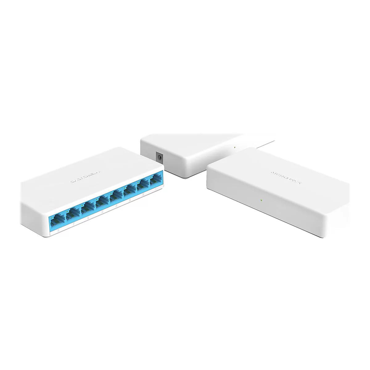 Weiße Mercusys Netzwerk-Switches mit acht blauen LAN-Ports vor neutralem Hintergrund.