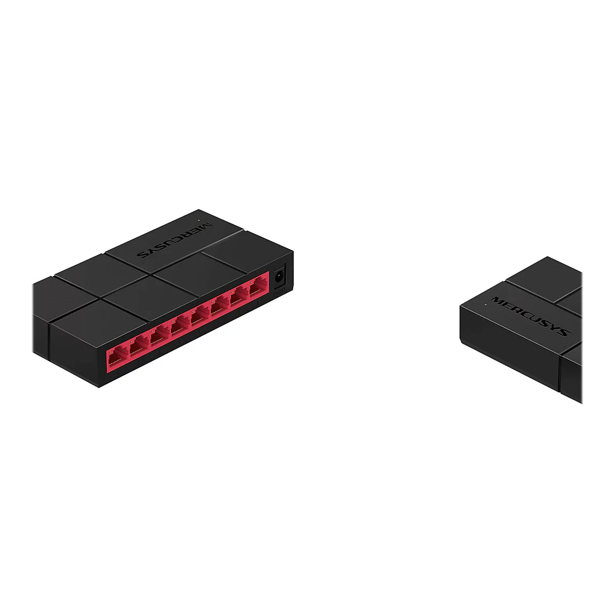 Schwarzer Mercusys Netzwerk-Switch mit acht roten Ethernet-Anschlüssen auf weißem Hintergrund.