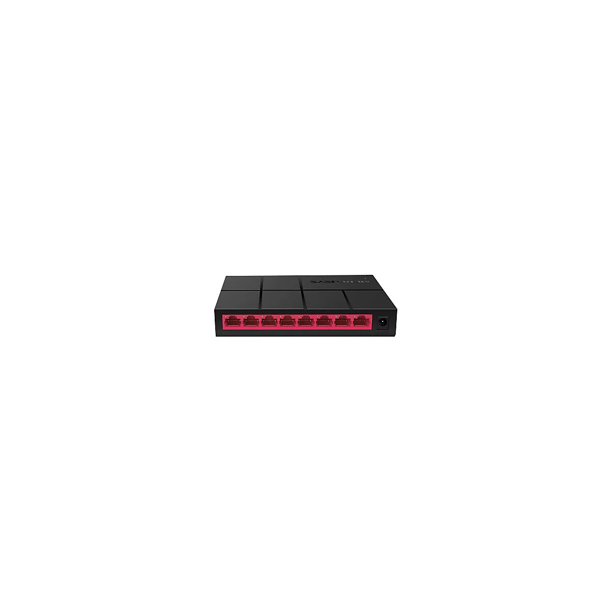 Schwarzer Mercusys Netzwerk-Switch mit acht roten LAN-Ports und einem Stromanschluss auf weißem Hintergrund.