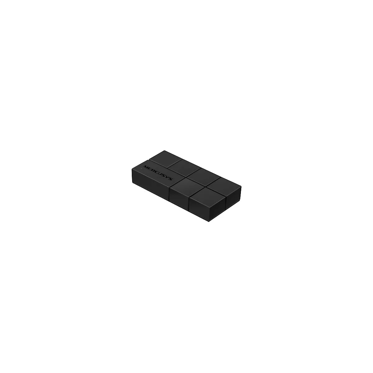 Schwarzes Mercusys-Netzwerkgerät mit quadratischem Rasterdesign auf weißem Hintergrund.