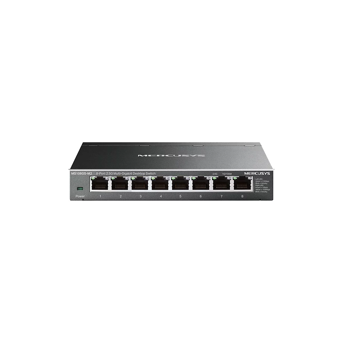 Ein grauer Netzwerk-Switch mit acht Anschlüssen, der Beschriftung 'MERCUSYS' und technischen Daten.