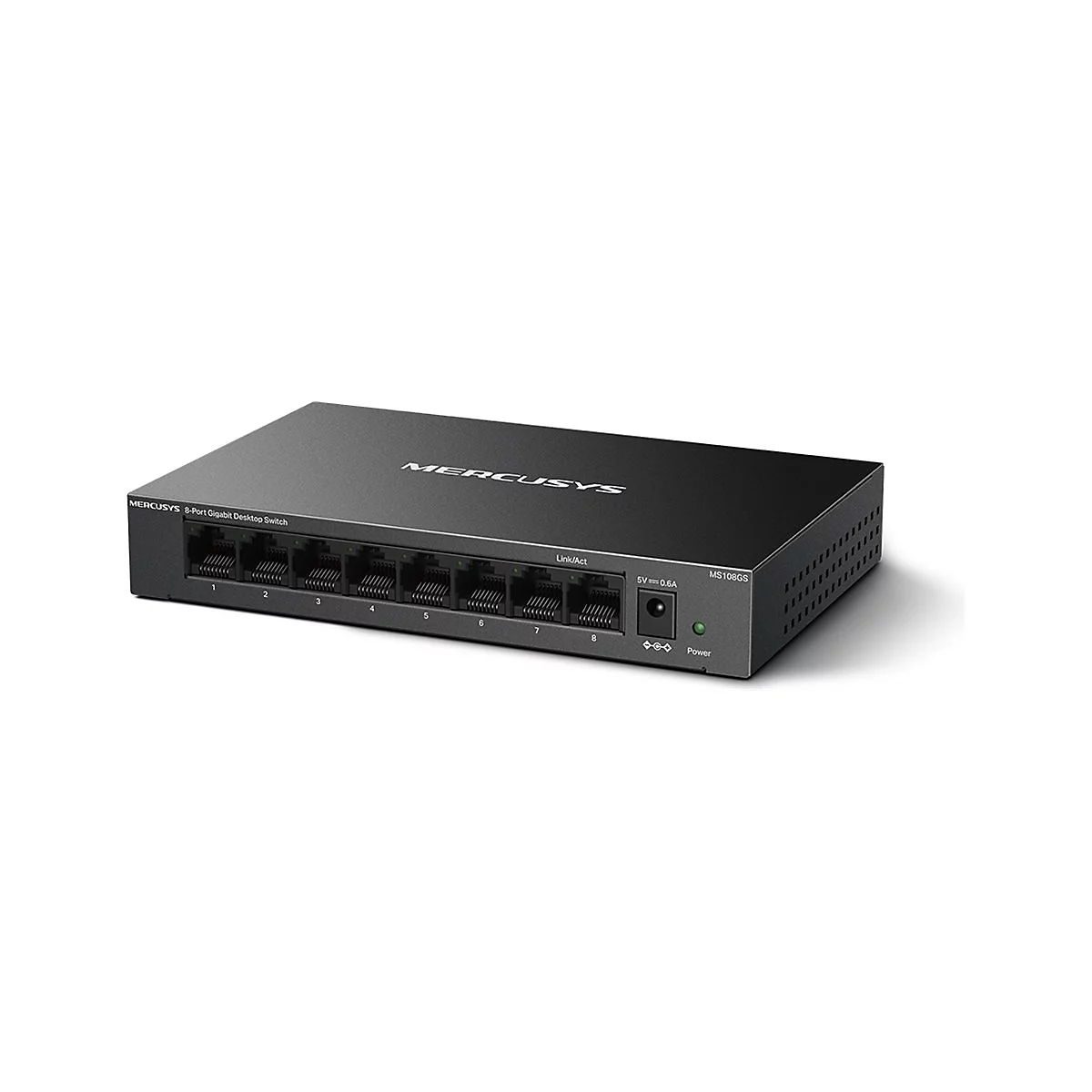 Schwarzer 8-Port Gigabit Desktop Switch von Mercusys mit Anschlüssen und grüner Status-LED.