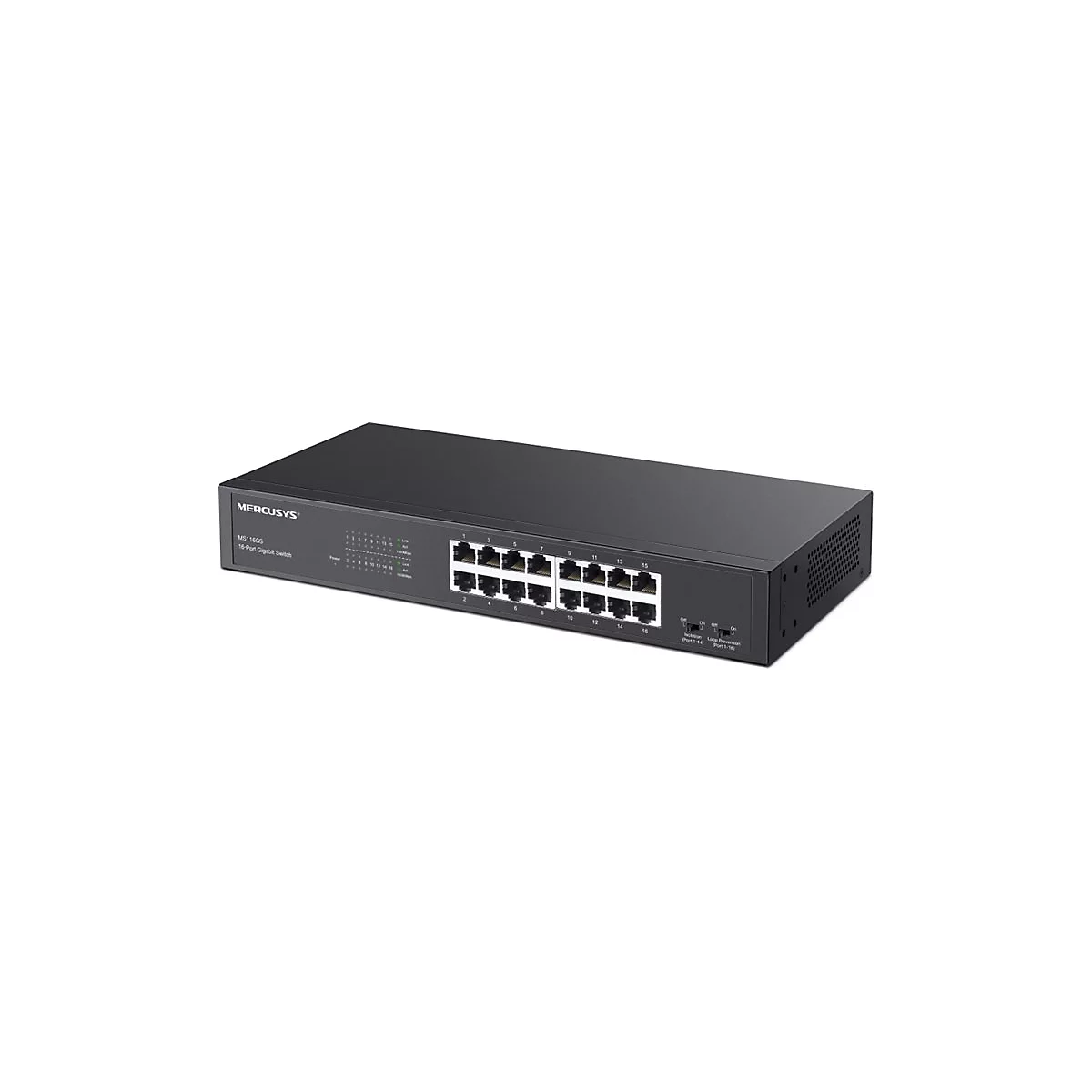 Schwarzer 16-Port Gigabit Switch mit mehreren Anschlüssen. Links steht "MERCUSYS" und Modellbezeichnung.