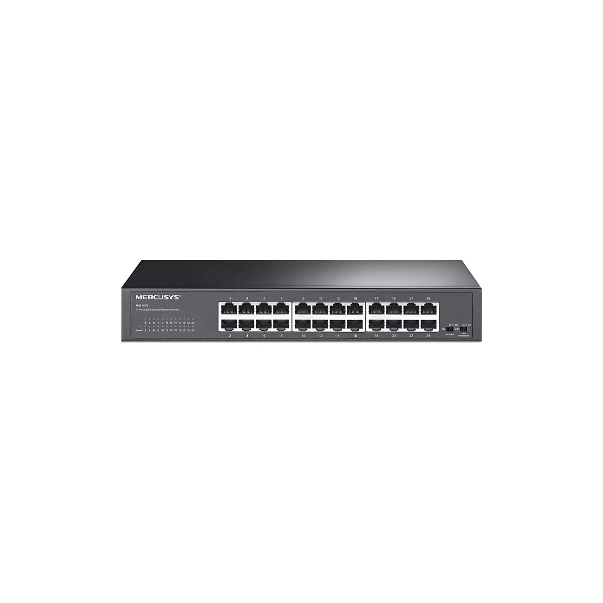 Schwarzer 24-Port Gigabit-Netzwerk-Switch von Mercusys mit Front-LEDs und Anschlüssen vor weißem Hintergrund.
