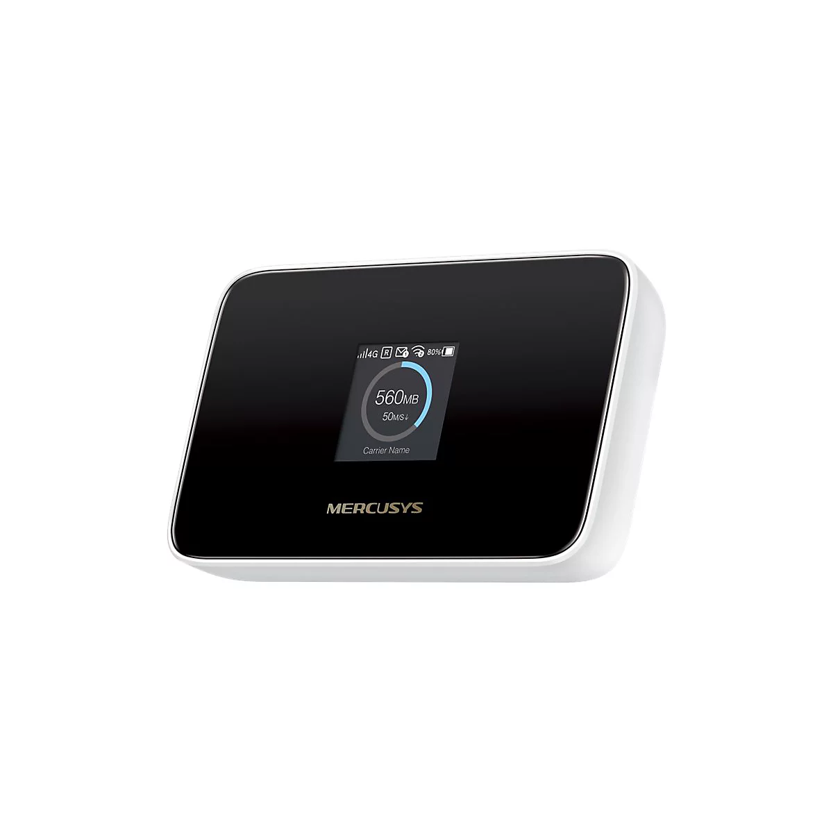 Mobiler 4G WLAN-Router von Mercusys mit schwarzem Display und weißem Gehäuse.