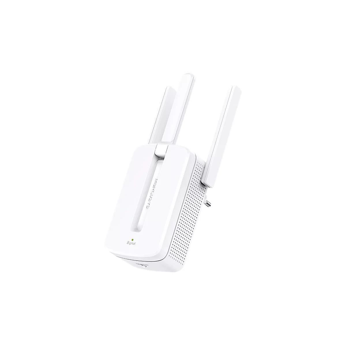 Weißer Mercusys WLAN-Repeater mit zwei Antennen und grüner Signal-LED vor neutralem Hintergrund.
