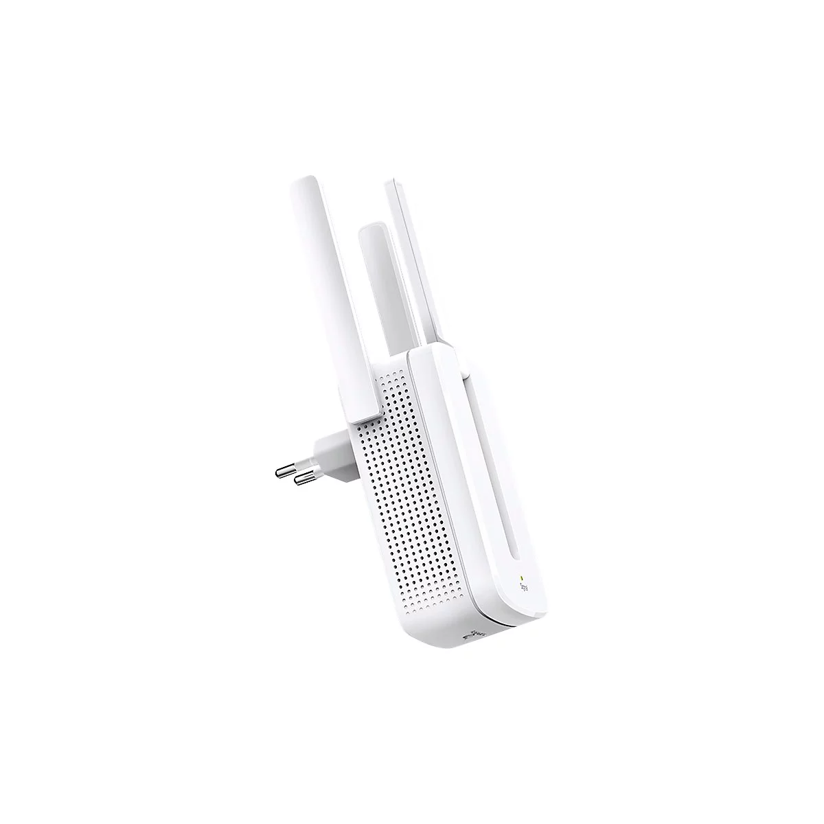 Ein weißer WLAN-Repeater mit zwei ausklappbaren Antennen und einer gelben LED-Anzeige.