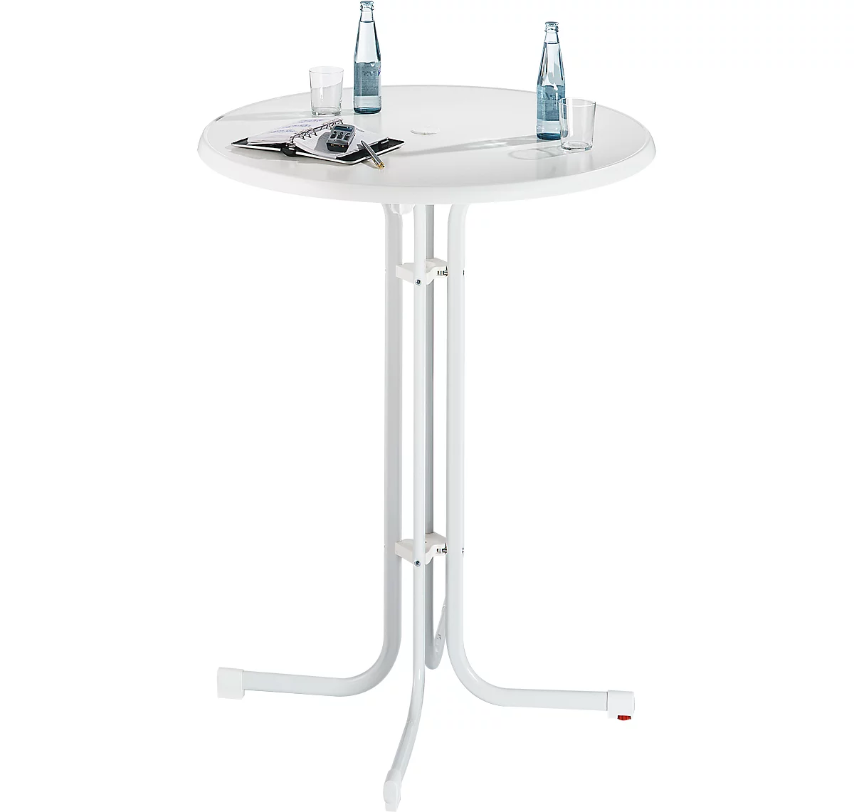 Mesa alta Quickstep con apertura de parasol, resistente a la desinfección, Ø 850 x H 1100 mm, blanco