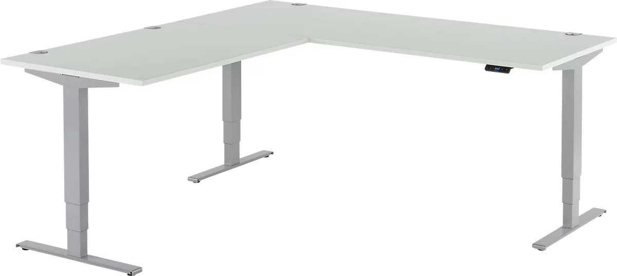 Mesa angular AERO FLEX, regulable eléctricamente en altura, ángulo de 90°, pie en C, ancho 2000 x fondo 2000 mm, aluminio gris claro/blanco + panel de memoria