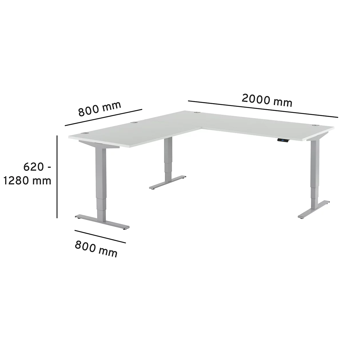 Mesa angular AERO FLEX, regulable eléctricamente en altura, ángulo de 90°, pie en C, ancho 2000 x fondo 2000 mm, aluminio gris claro/blanco + panel de memoria