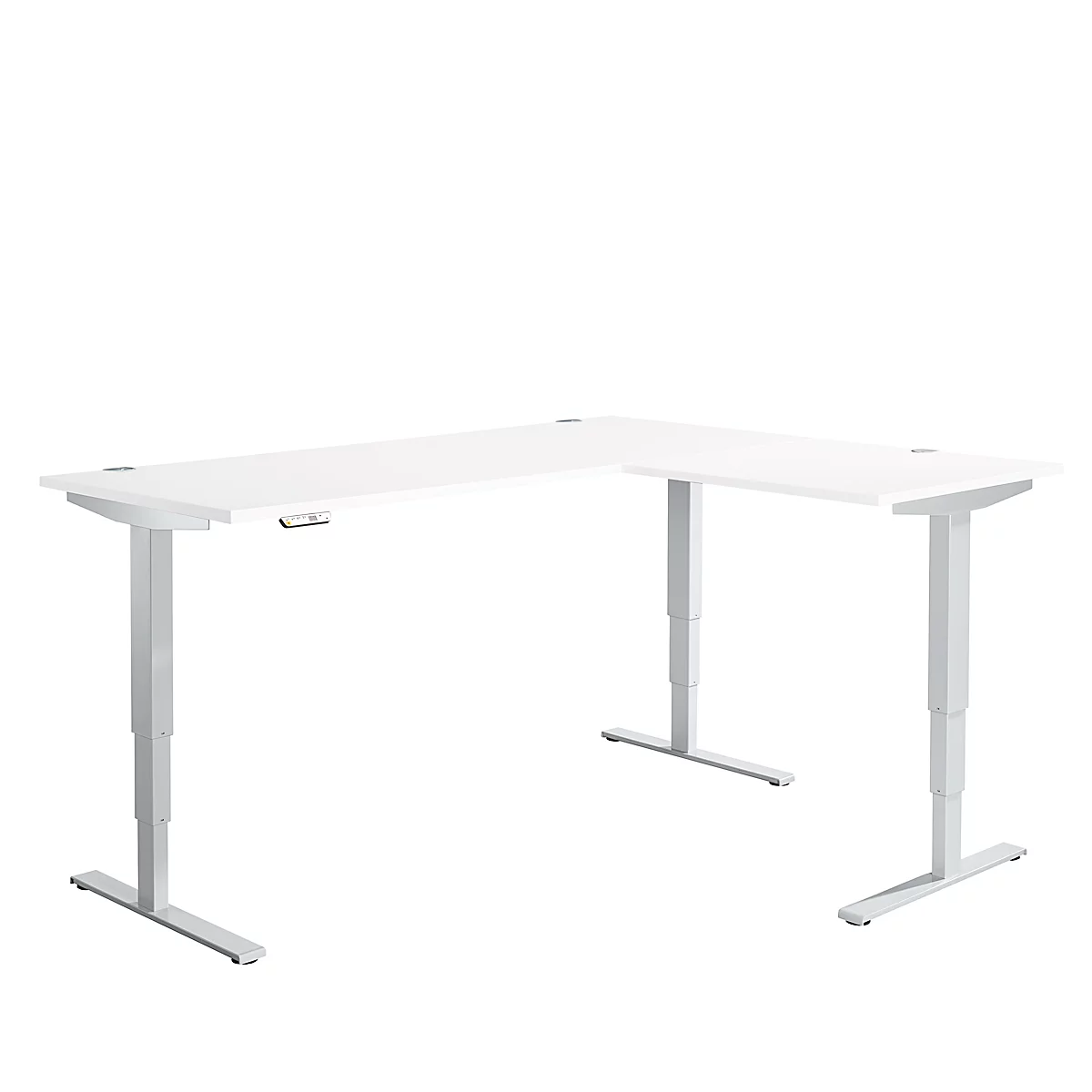 Mesa angular AERO FLEX, regulable eléctricamente en altura, ángulo de 90°, pie en T, ancho 2000 x fondo 1600 mm, aluminio blanco/blanco + panel de memoria