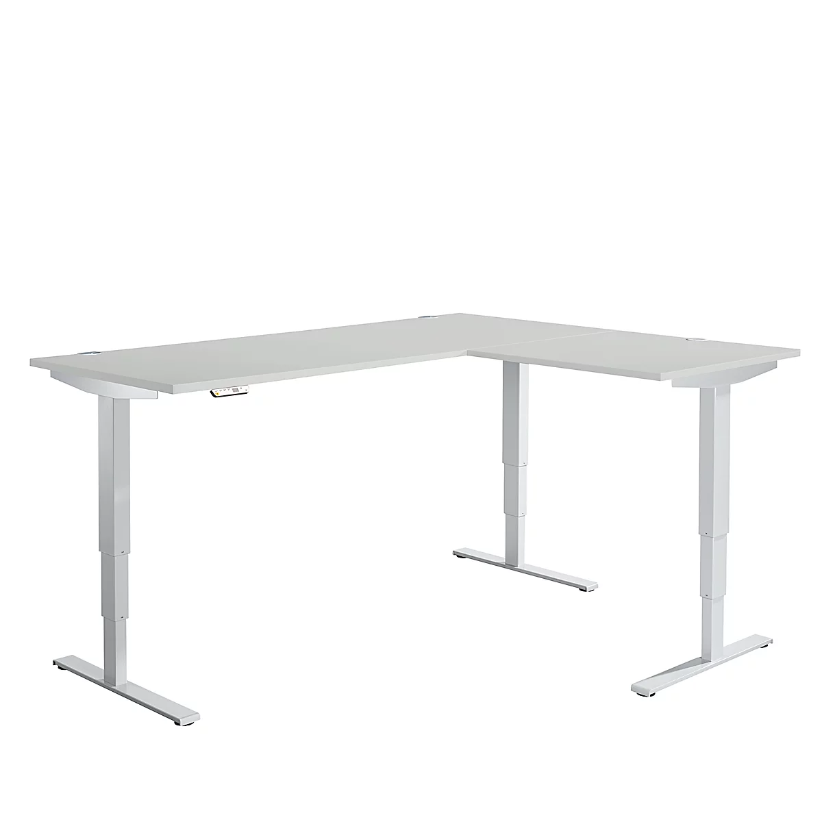 Mesa angular AERO FLEX, regulable eléctricamente en altura, ángulo de 90°, pie en T, ancho 2000 x fondo 1600 mm, aluminio gris claro/blanco + panel de memoria